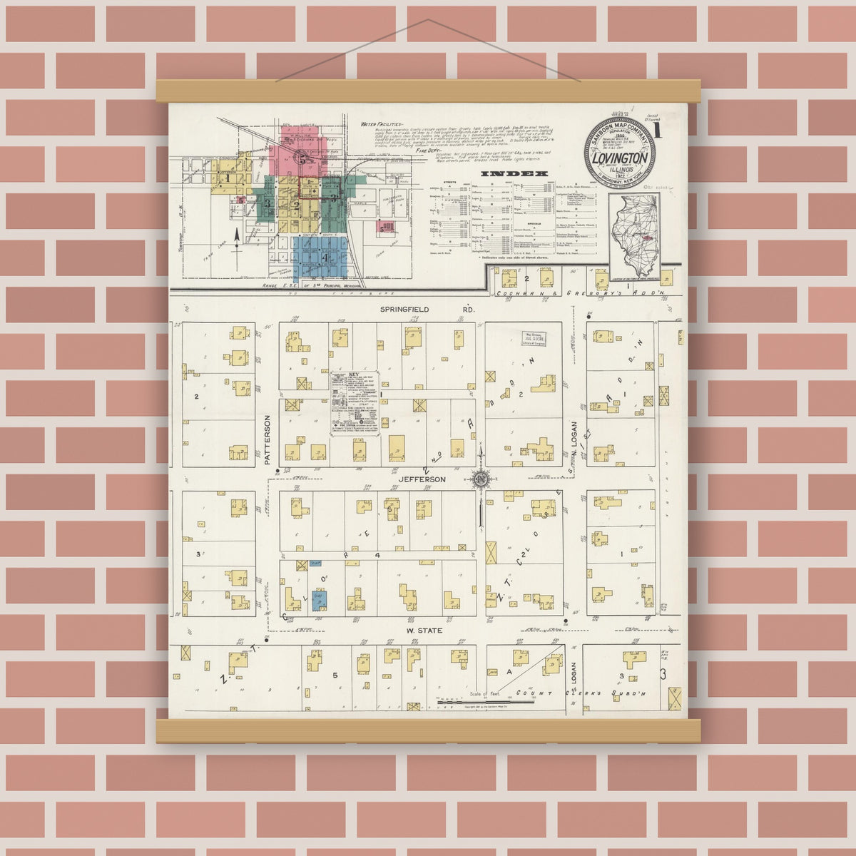 Old map wall art mockup — magnetic wood frame on brick wall — Sanborn Fire Insurance Map from Lovington, Moultrie County, Illinois (1922), Sheet #0001