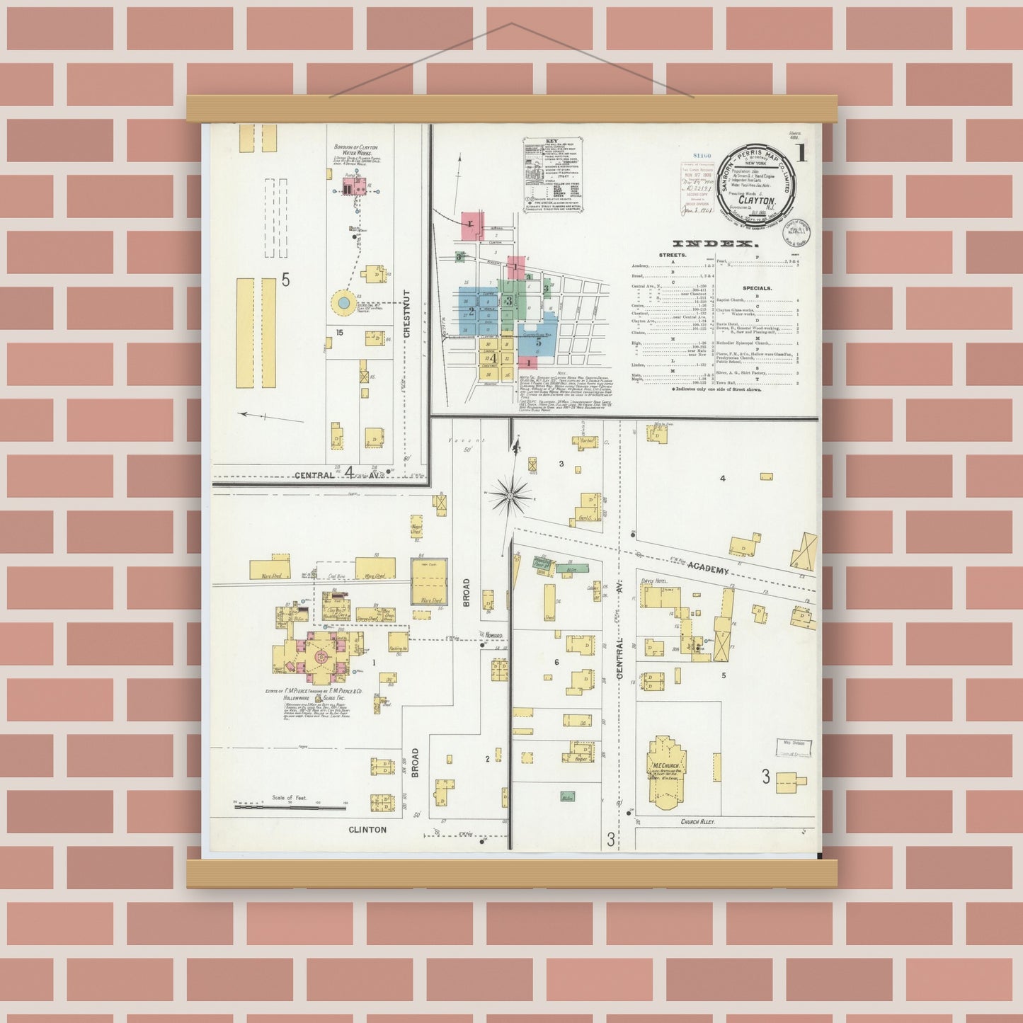 Old map wall art mockup — magnetic wood frame on brick wall — Sanborn Fire Insurance Map from Clayton, Gloucester County, New Jersey (1900) - Complete Map Set