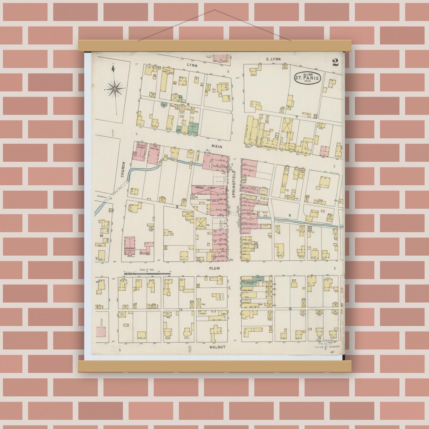 Old map wall art mockup — magnetic wood frame on brick wall — Sanborn Fire Insurance Map from Saint Paris, Champaign County, Ohio (1895), Sheet #0002