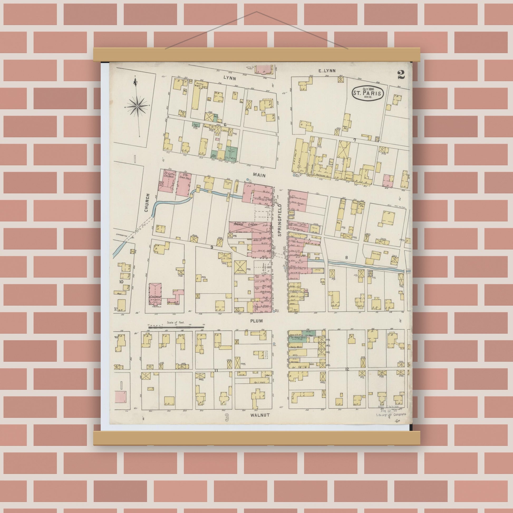 Old map wall art mockup — magnetic wood frame on brick wall — Sanborn Fire Insurance Map from Saint Paris, Champaign County, Ohio (1895), Sheet #0002