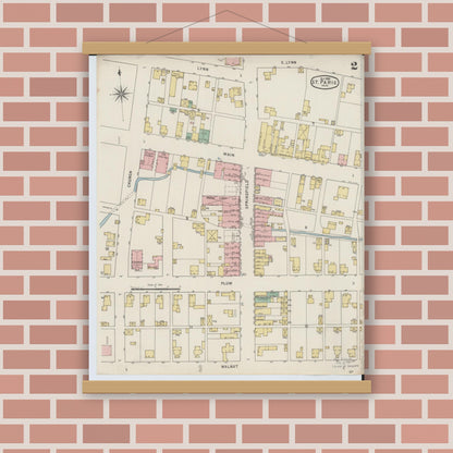 Old map wall art mockup — magnetic wood frame on brick wall — Sanborn Fire Insurance Map from Saint Paris, Champaign County, Ohio (1895), Sheet #0002
