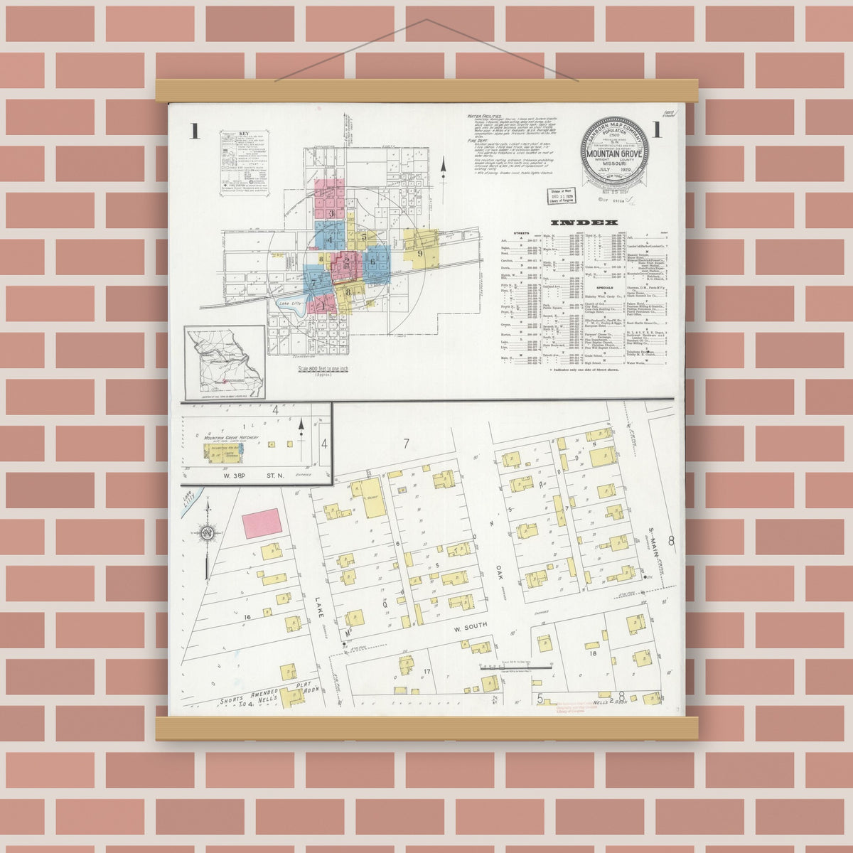 Old map wall art mockup — magnetic wood frame on brick wall — Sanborn Fire Insurance Map from Mountain Grove, Wright County, Missouri (1929), Sheet #0001