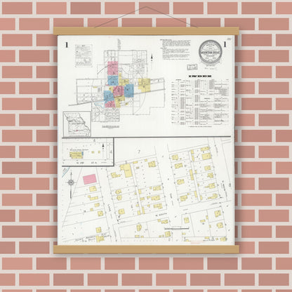 Old map wall art mockup — magnetic wood frame on brick wall — Sanborn Fire Insurance Map from Mountain Grove, Wright County, Missouri (1929), Sheet #0001