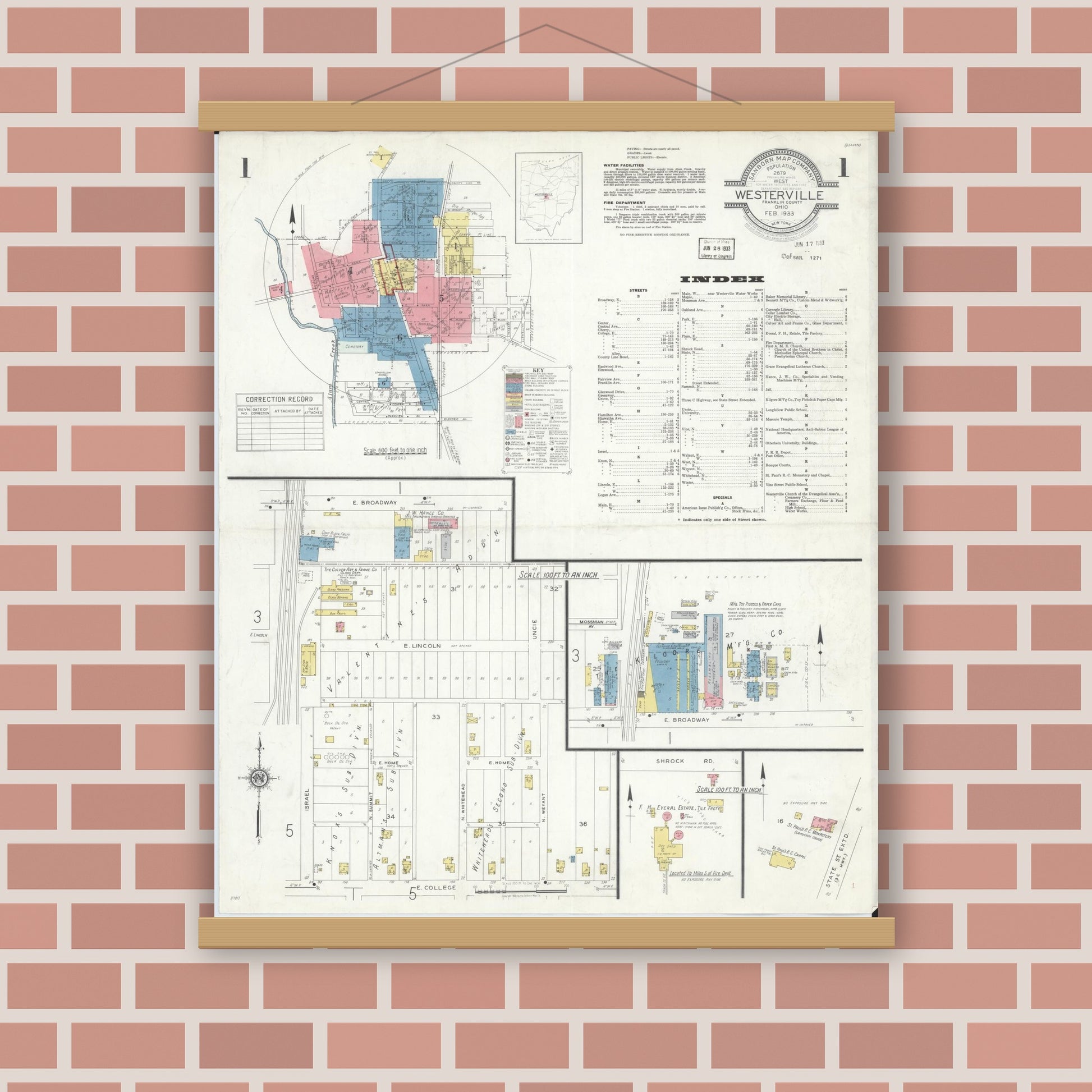 Old map wall art mockup — magnetic wood frame on brick wall — Sanborn Fire Insurance Map from Westerville, Franklin County, Ohio (1933), Sheet #0001