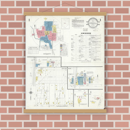 Old map wall art mockup — magnetic wood frame on brick wall — Sanborn Fire Insurance Map from Westerville, Franklin County, Ohio (1933), Sheet #0001