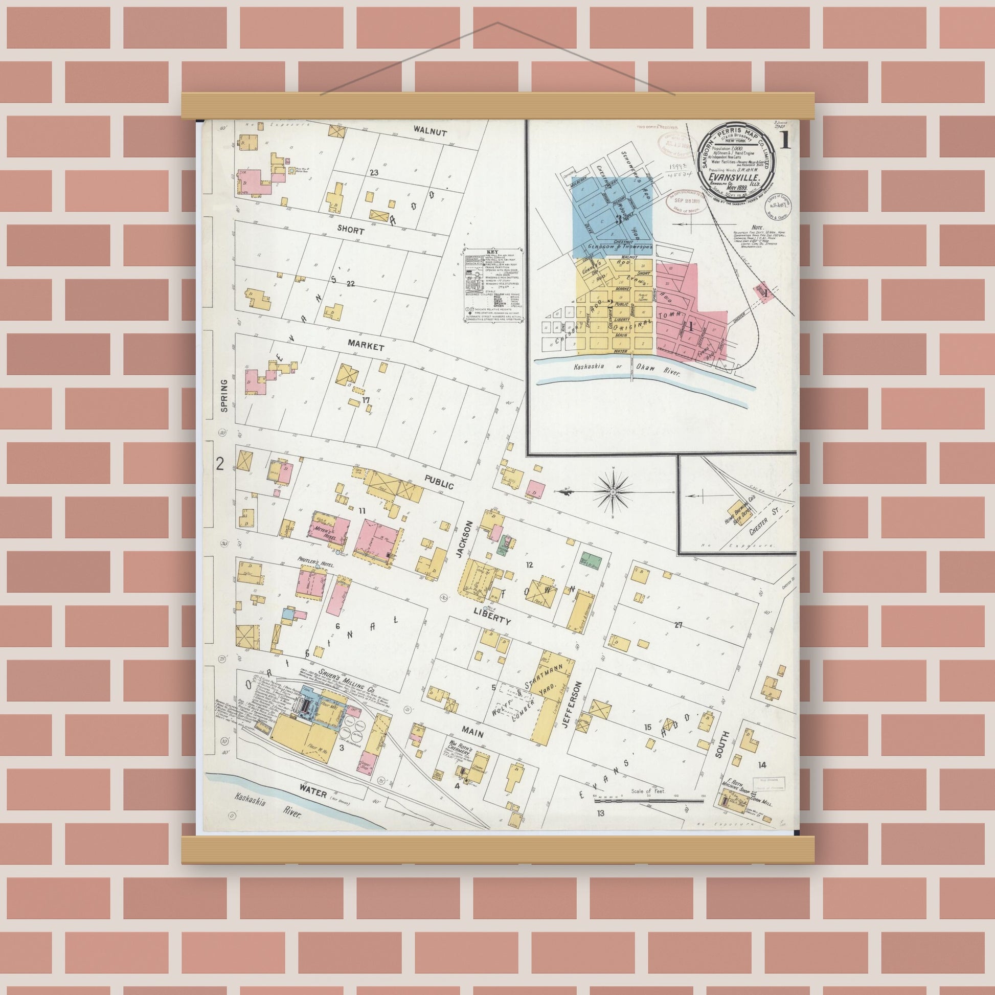 Old map wall art mockup — magnetic wood frame on brick wall — Sanborn Fire Insurance Map from Evansville, Randolph County, Illinois (1899), Sheet #0001