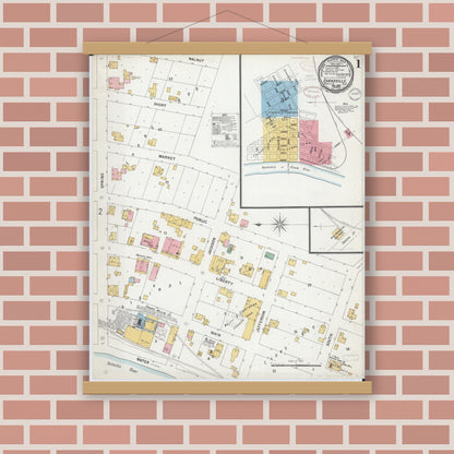 Old map wall art mockup — magnetic wood frame on brick wall — Sanborn Fire Insurance Map from Evansville, Randolph County, Illinois (1899), Sheet #0001