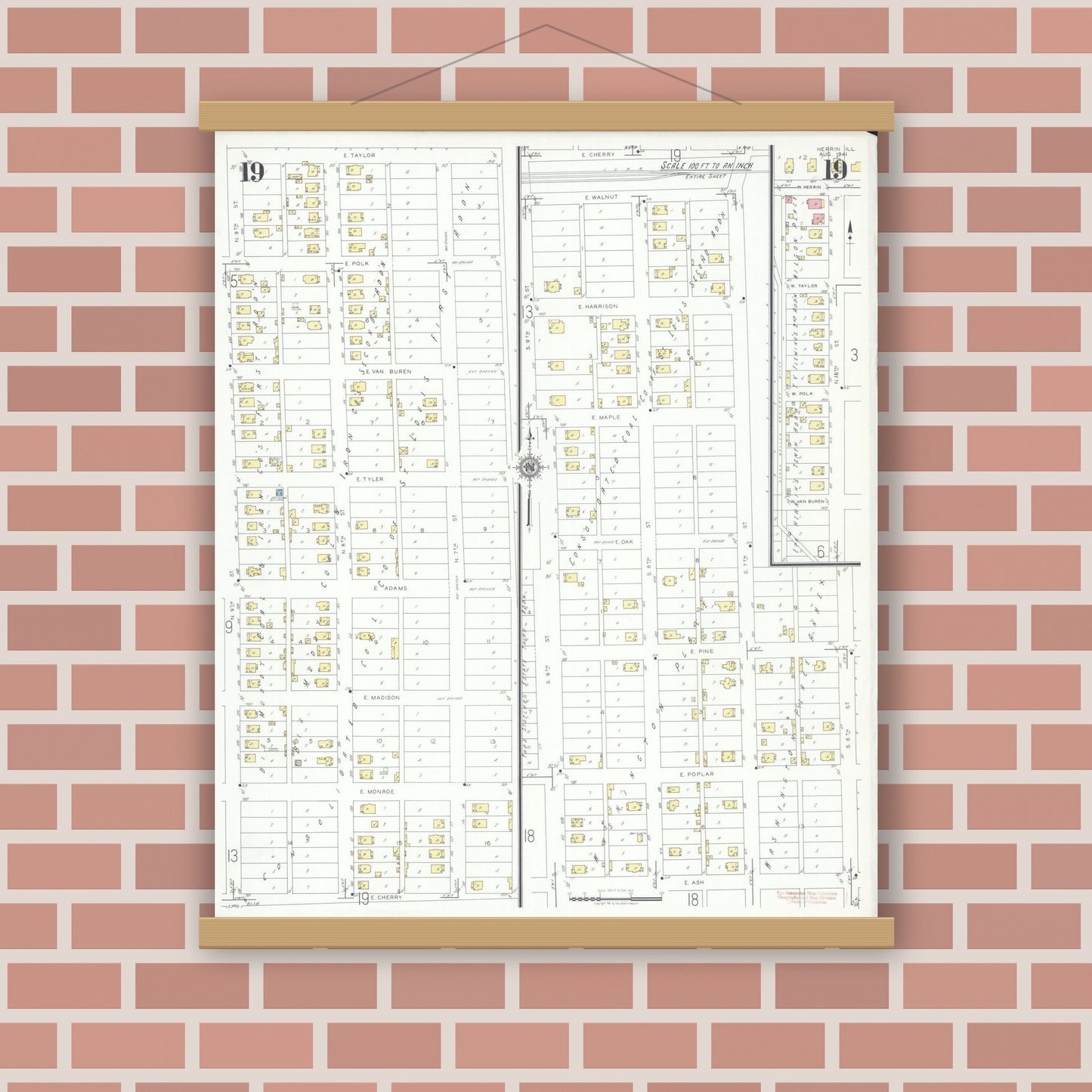 Old map wall art mockup — magnetic wood frame on brick wall — Sanborn Fire Insurance Map from Herrin, Williamson County, Illinois (1941), Sheet #0019