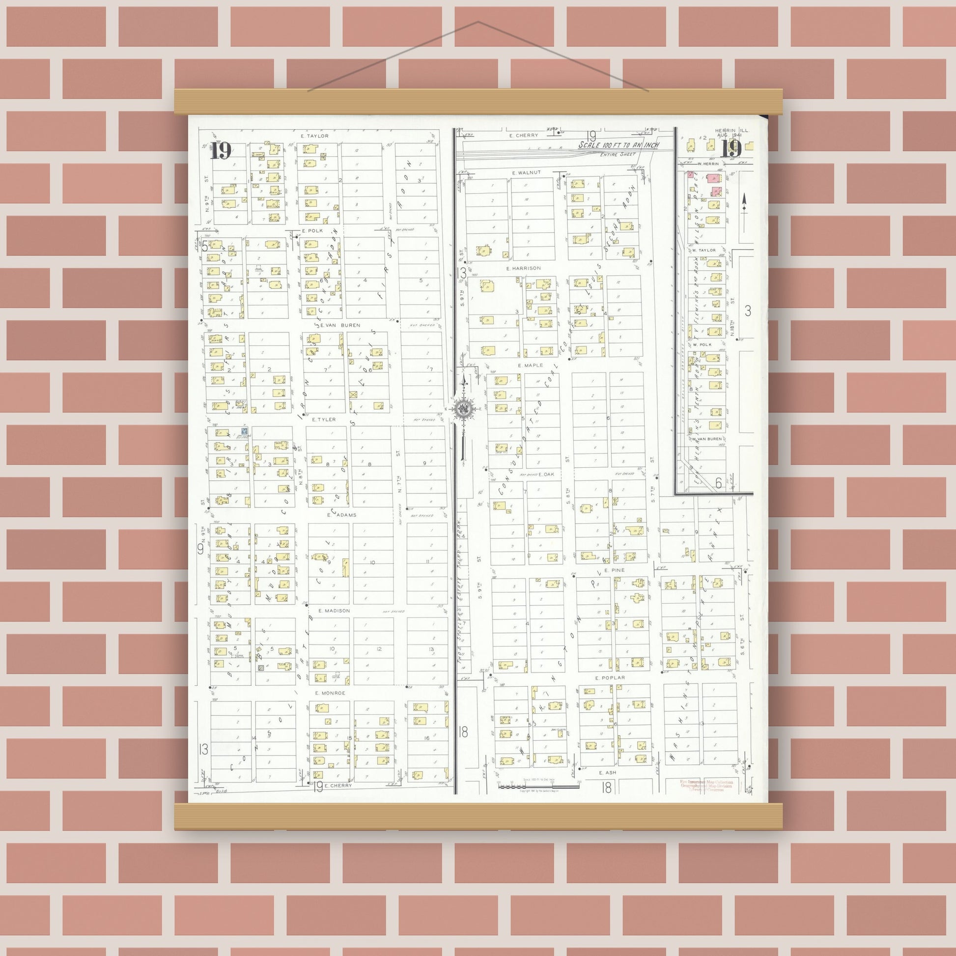 Old map wall art mockup — magnetic wood frame on brick wall — Sanborn Fire Insurance Map from Herrin, Williamson County, Illinois (1941), Sheet #0019