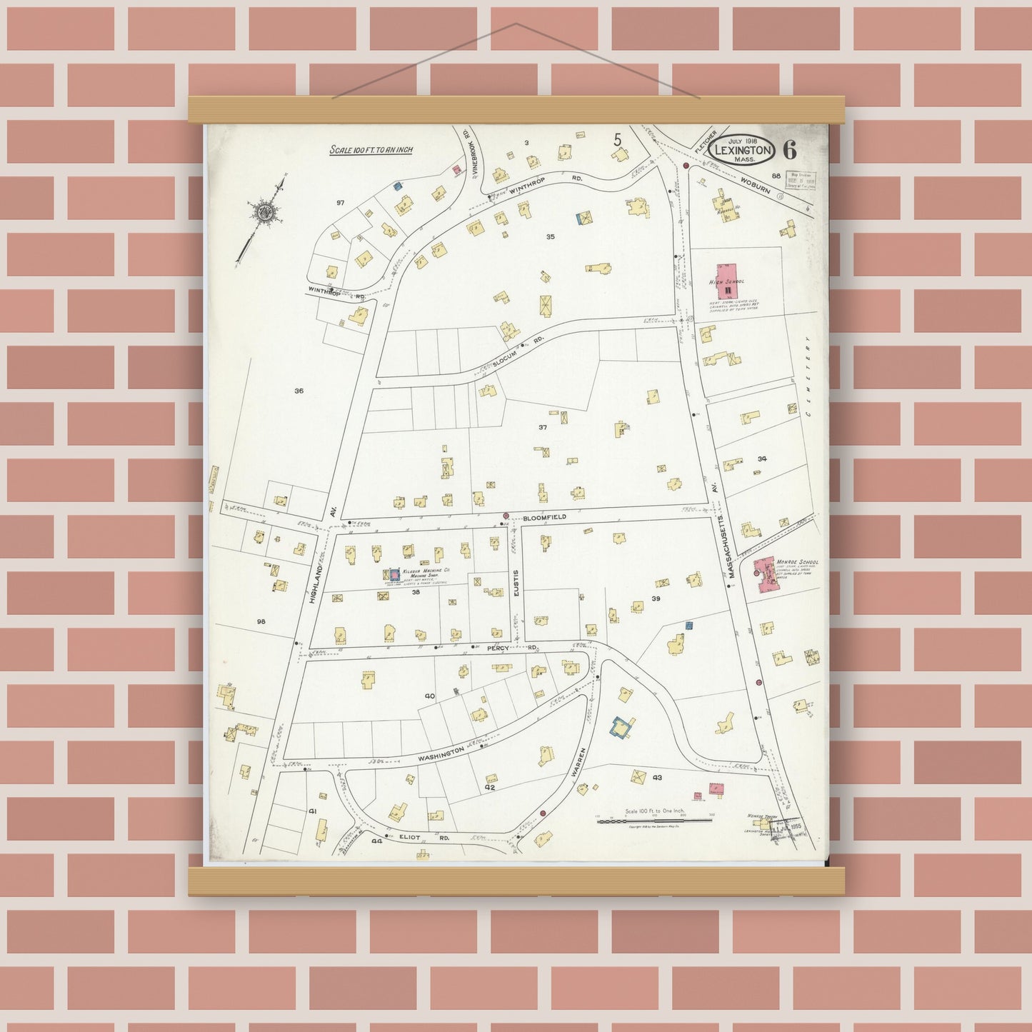 Old map wall art mockup — magnetic wood frame on brick wall — Sanborn Fire Insurance Map from Lexington, Middlesex County, Massachusetts (1918), Sheet #0006