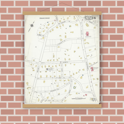 Old map wall art mockup — magnetic wood frame on brick wall — Sanborn Fire Insurance Map from Lexington, Middlesex County, Massachusetts (1918), Sheet #0006