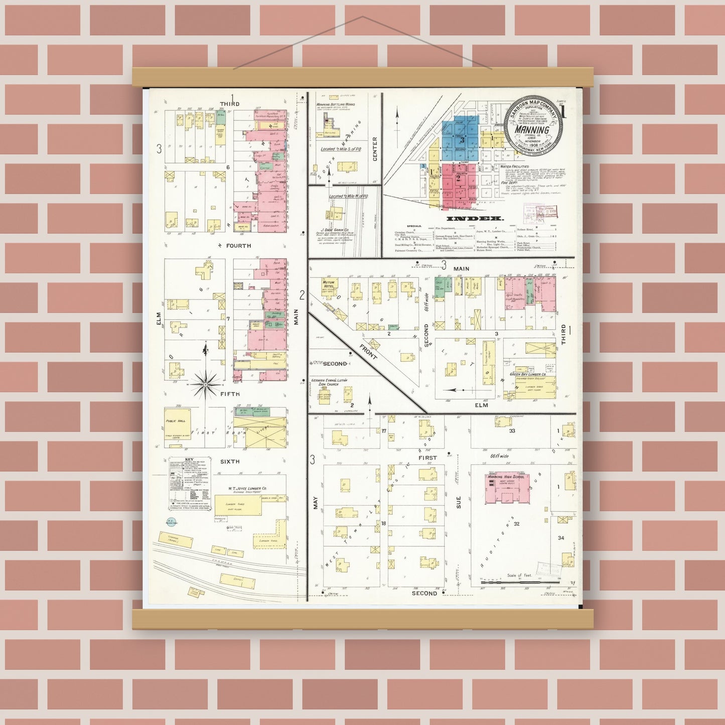 Old map wall art mockup — magnetic wood frame on brick wall — Sanborn Fire Insurance Map from Manning, Carroll County, Iowa (1908), Sheet #0001