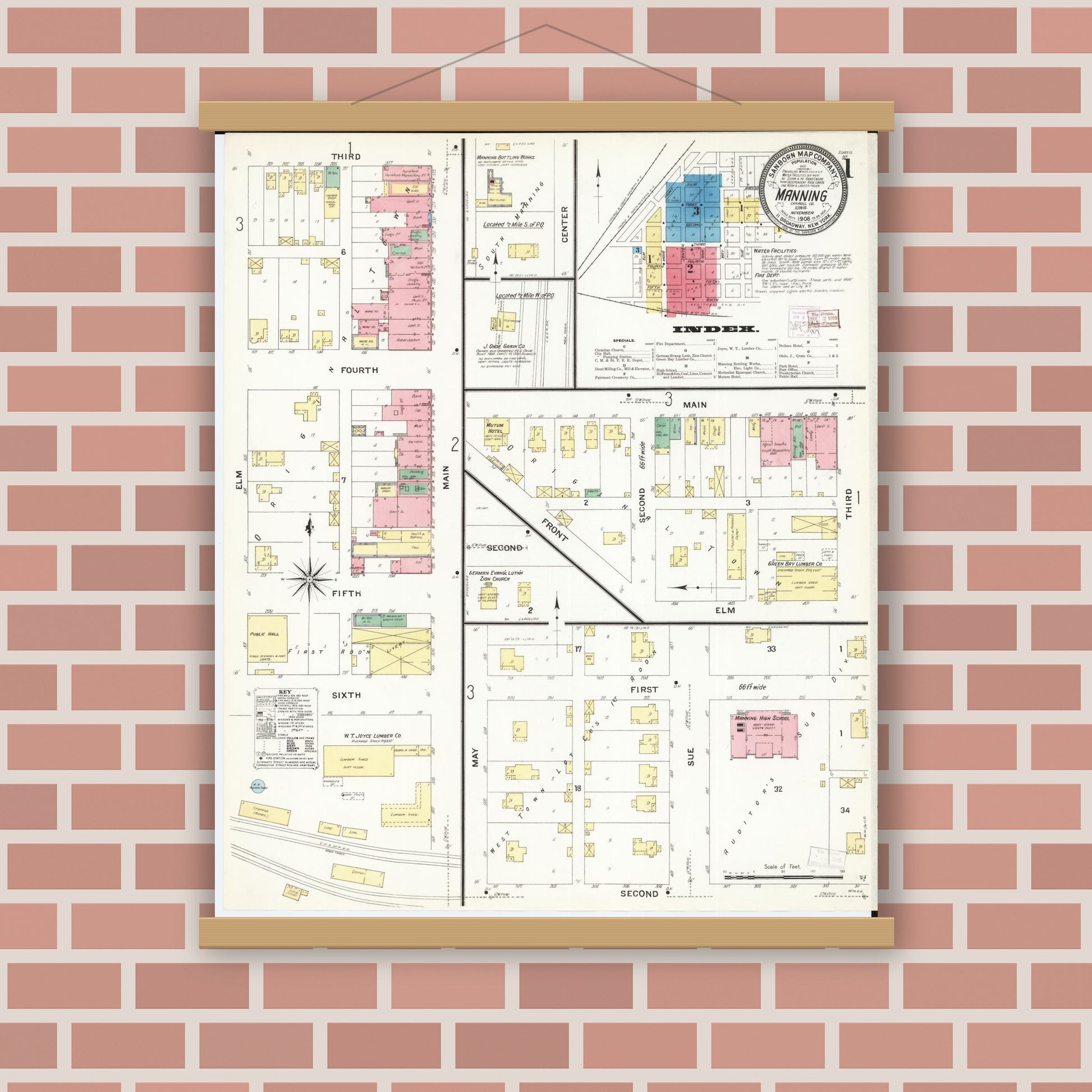 Old map wall art mockup — magnetic wood frame on brick wall — Sanborn Fire Insurance Map from Manning, Carroll County, Iowa (1908), Sheet #0001