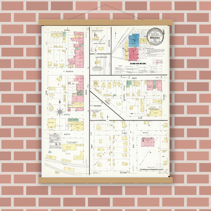Old map wall art mockup — magnetic wood frame on brick wall — Sanborn Fire Insurance Map from Manning, Carroll County, Iowa (1908), Sheet #0001
