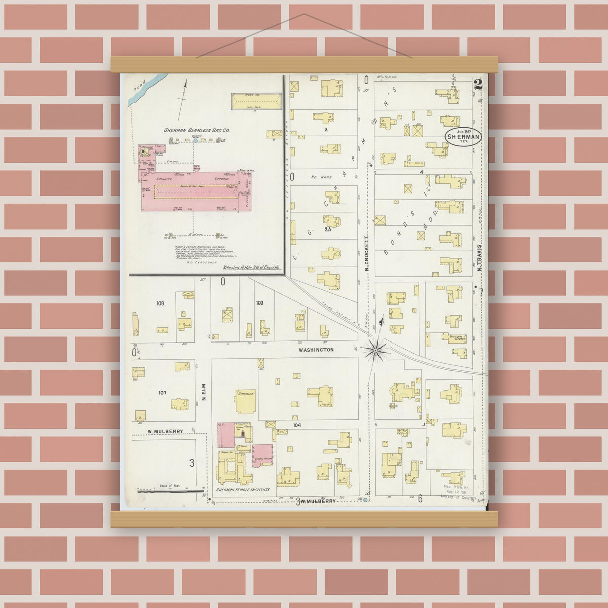 Old map wall art mockup — magnetic wood frame on brick wall — Sanborn Fire Insurance Map from Sherman, Grayson County, Texas (1897), Sheet #0002