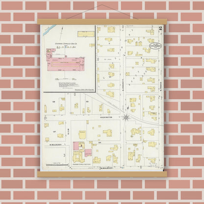 Old map wall art mockup — magnetic wood frame on brick wall — Sanborn Fire Insurance Map from Sherman, Grayson County, Texas (1897), Sheet #0002