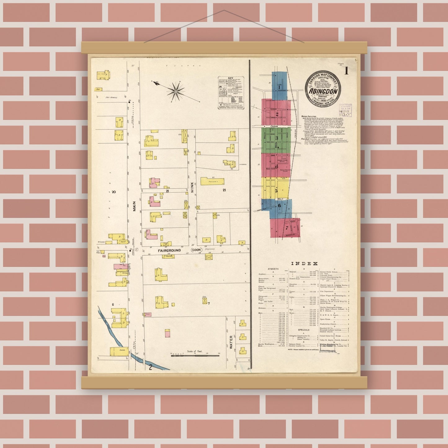 Old map wall art mockup — magnetic wood frame on brick wall — Sanborn Fire Insurance Map from Abingdon, Washington County, Virginia (1908), Sheet #0001