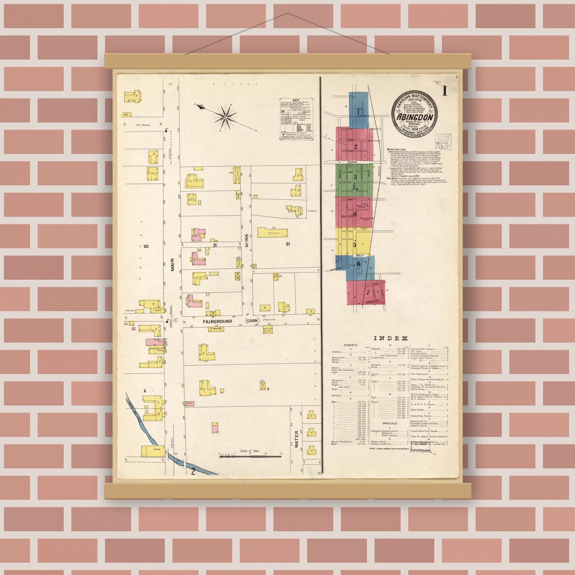 Old map wall art mockup — magnetic wood frame on brick wall — Sanborn Fire Insurance Map from Abingdon, Washington County, Virginia (1908), Sheet #0001