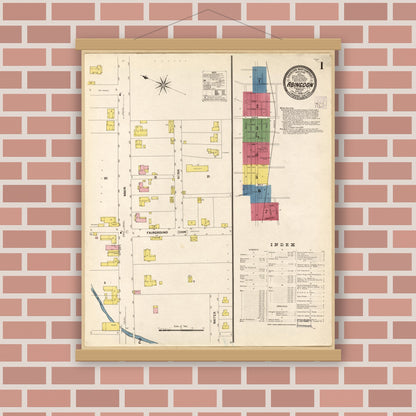 Old map wall art mockup — magnetic wood frame on brick wall — Sanborn Fire Insurance Map from Abingdon, Washington County, Virginia (1908), Sheet #0001