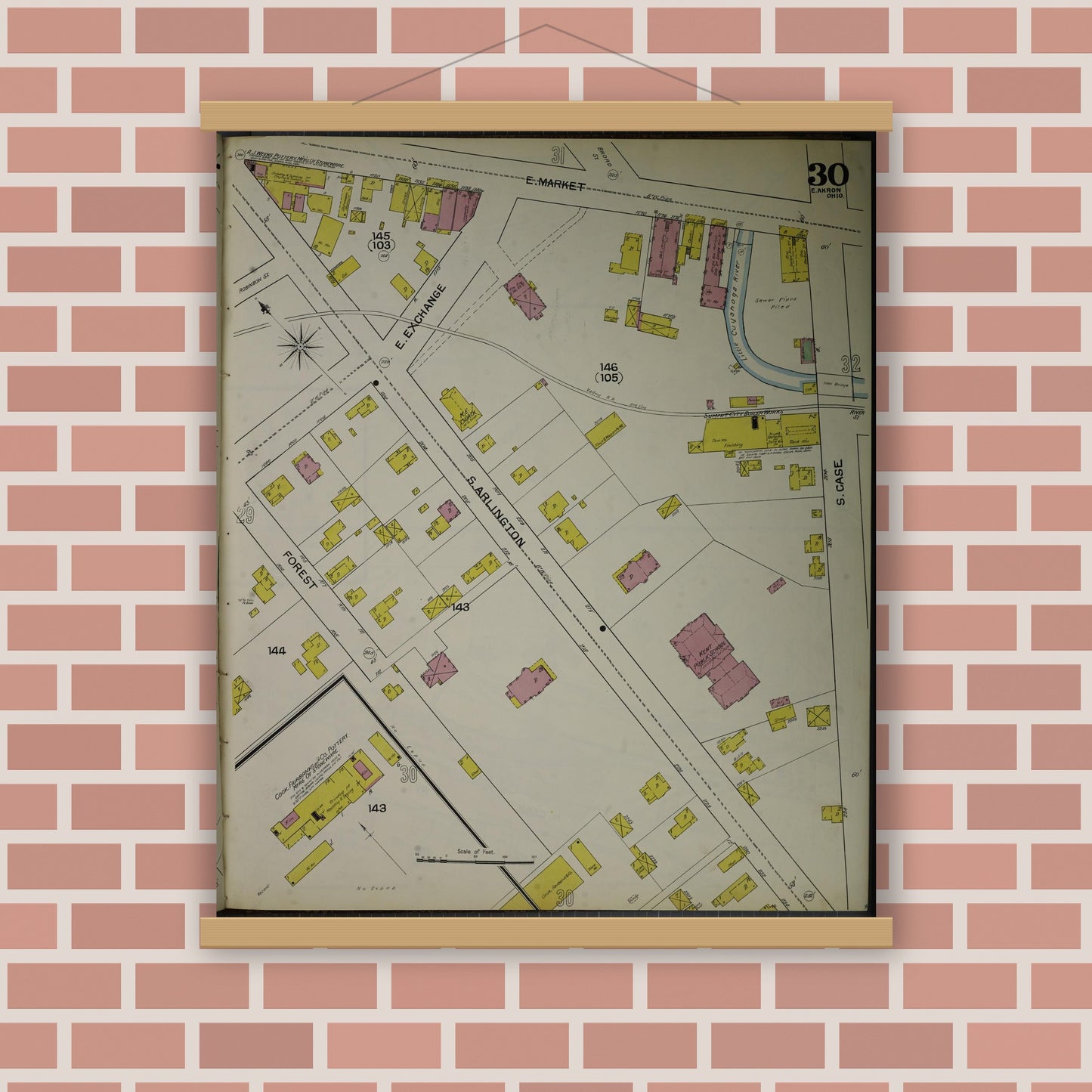 Old map wall art mockup — magnetic wood frame on brick wall — Sanborn Fire Insurance Map from Akron, Summit County, Ohio (1892), Sheet #0030