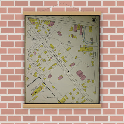 Old map wall art mockup — magnetic wood frame on brick wall — Sanborn Fire Insurance Map from Akron, Summit County, Ohio (1892), Sheet #0030