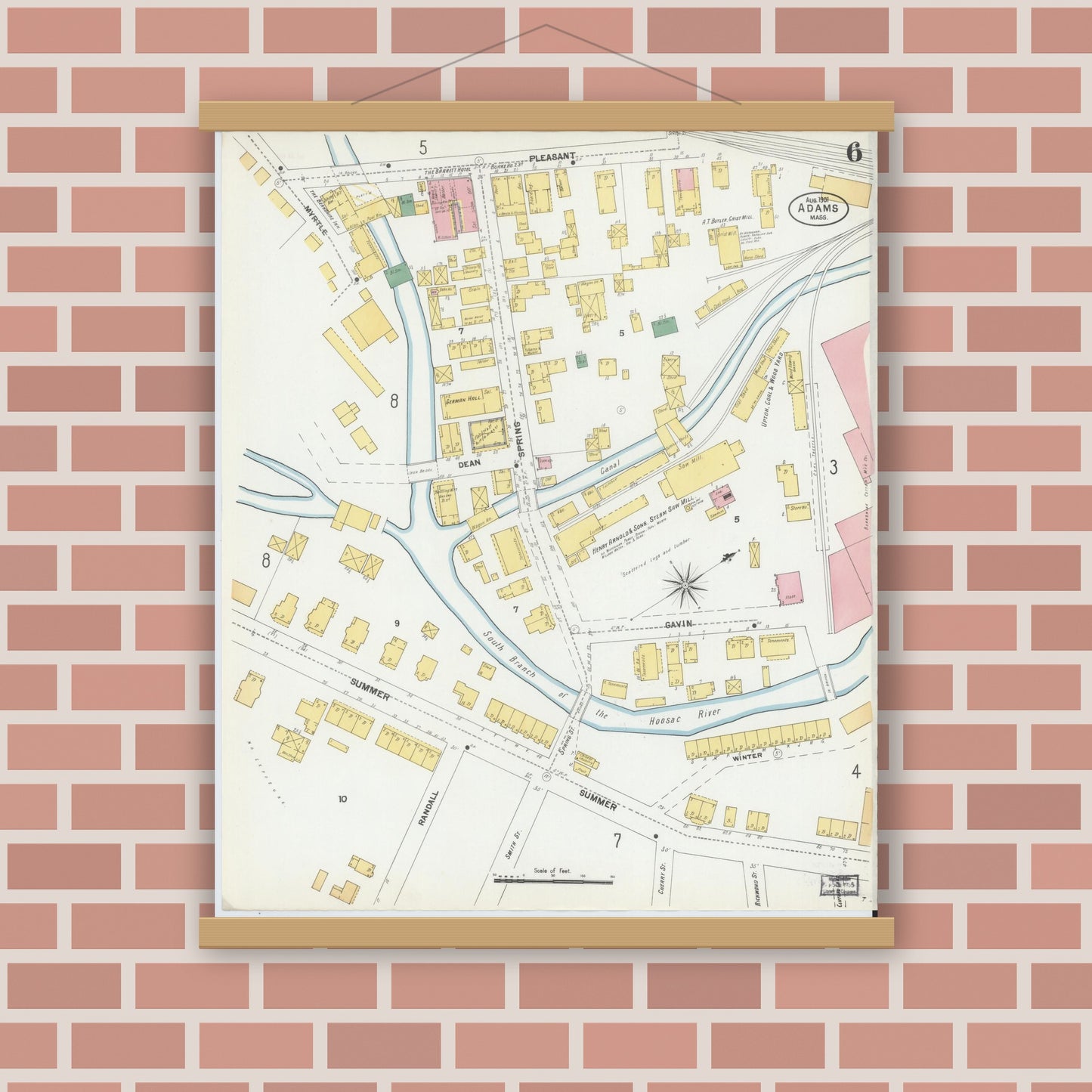 Old map wall art mockup — magnetic wood frame on brick wall — Sanborn Fire Insurance Map from Adams, Berkshire County, Massachusetts (1901), Sheet #0006