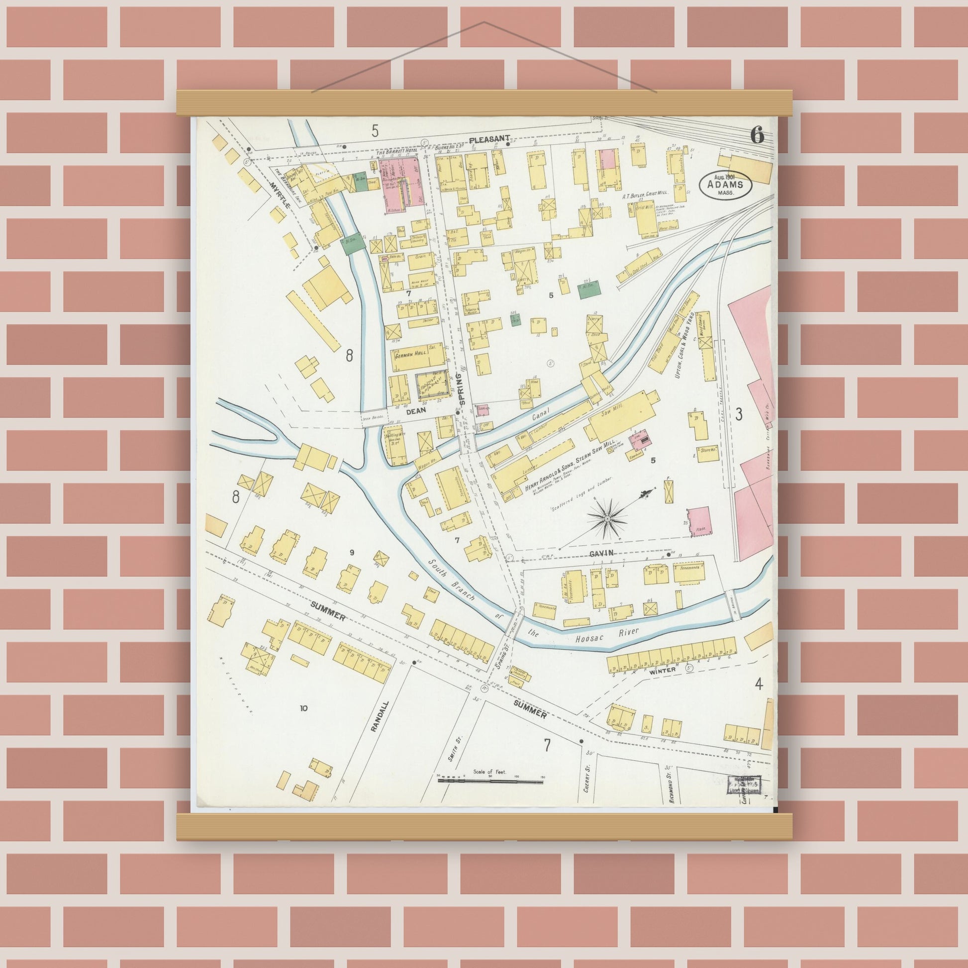 Old map wall art mockup — magnetic wood frame on brick wall — Sanborn Fire Insurance Map from Adams, Berkshire County, Massachusetts (1901), Sheet #0006