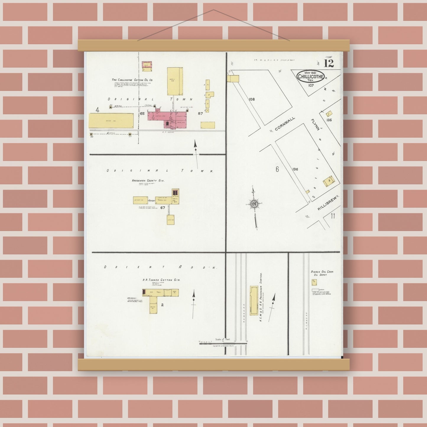 Old map wall art mockup — magnetic wood frame on brick wall — Sanborn Fire Insurance Map from Chillicothe, Hardeman County, Texas (1921), Sheet #0012