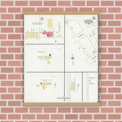 Old map wall art mockup — magnetic wood frame on brick wall — Sanborn Fire Insurance Map from Chillicothe, Hardeman County, Texas (1921), Sheet #0012