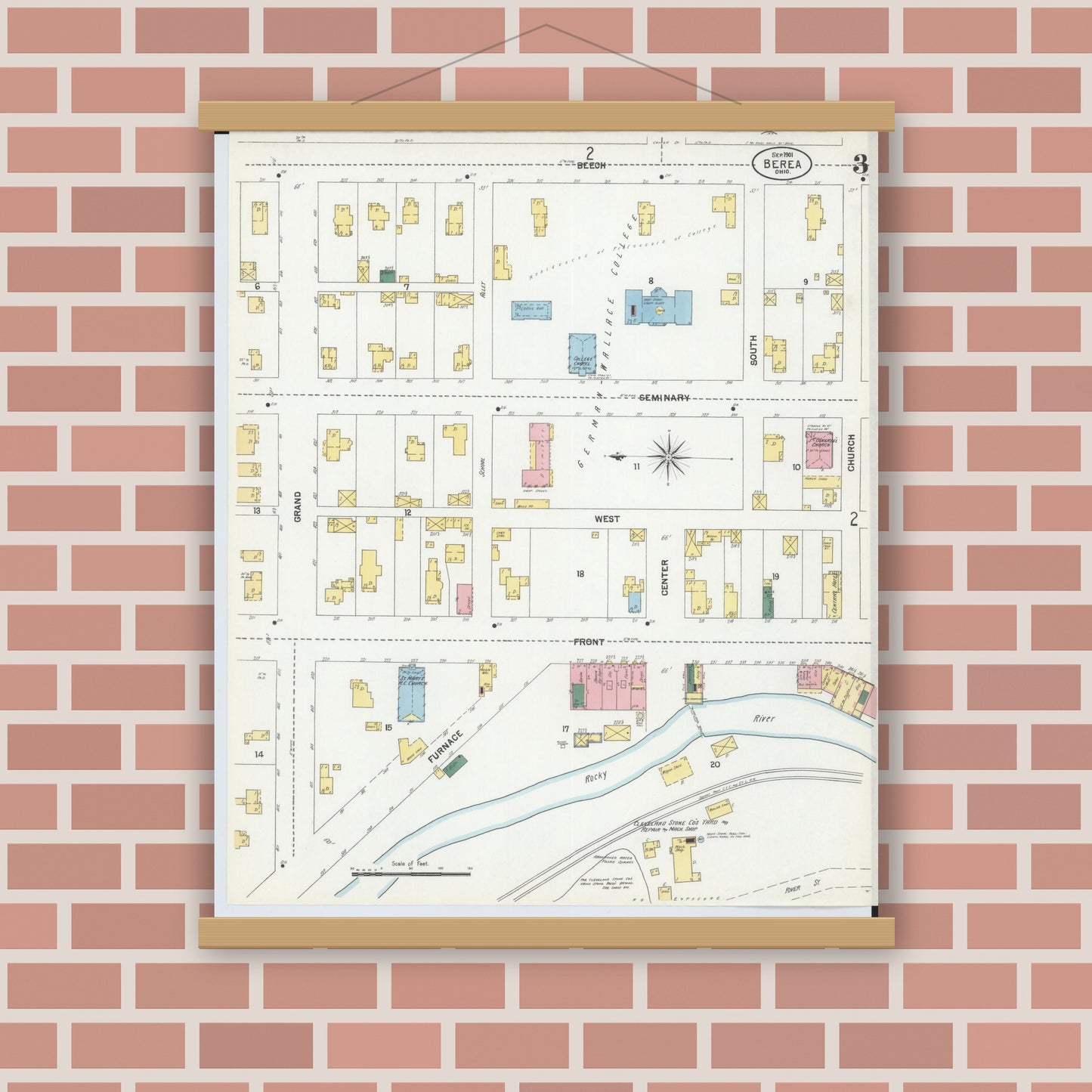 Old map wall art mockup — magnetic wood frame on brick wall — Sanborn Fire Insurance Map from Berea, Cuyahoga County, Ohio (1901), Sheet #0003