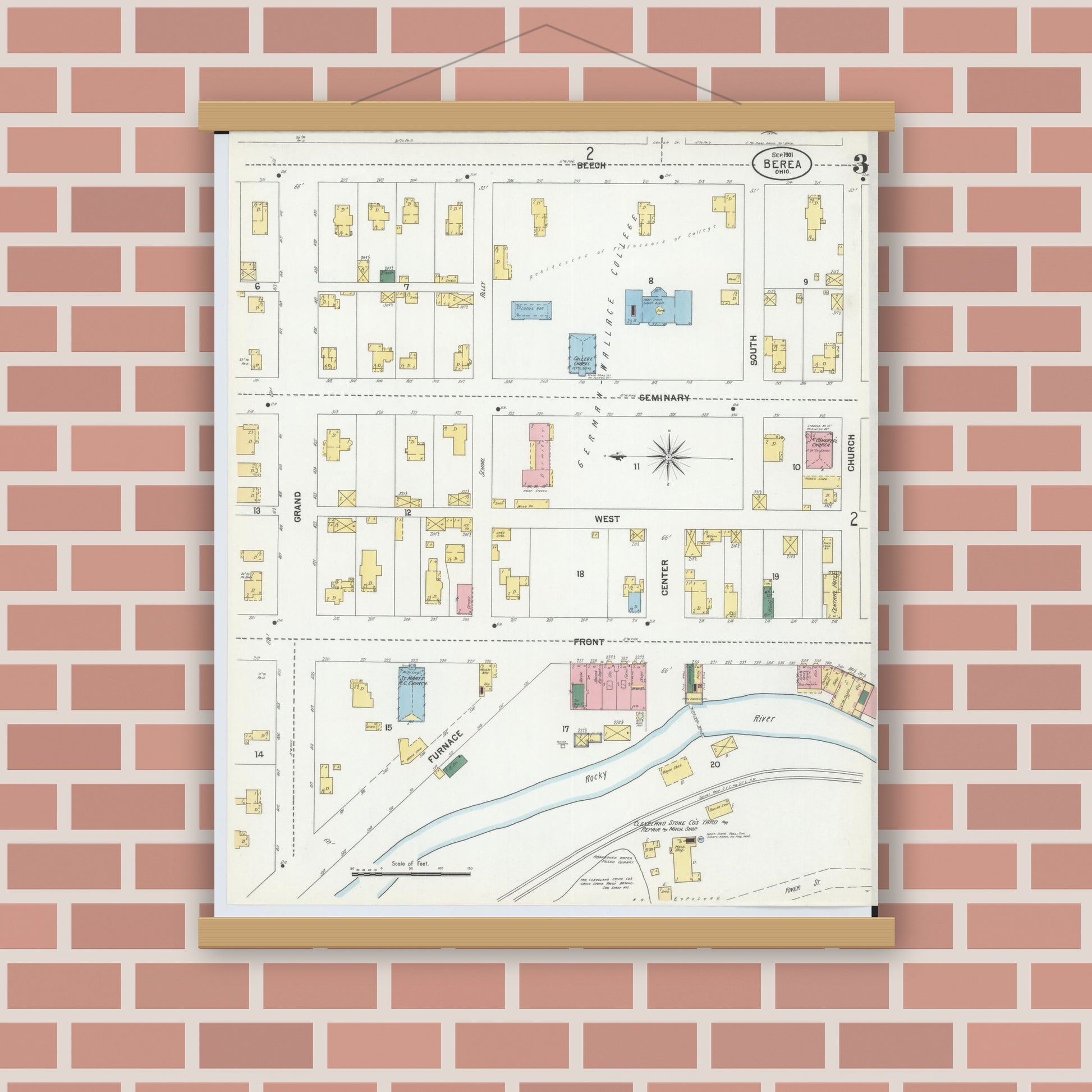 Old map wall art mockup — magnetic wood frame on brick wall — Sanborn Fire Insurance Map from Berea, Cuyahoga County, Ohio (1901), Sheet #0003