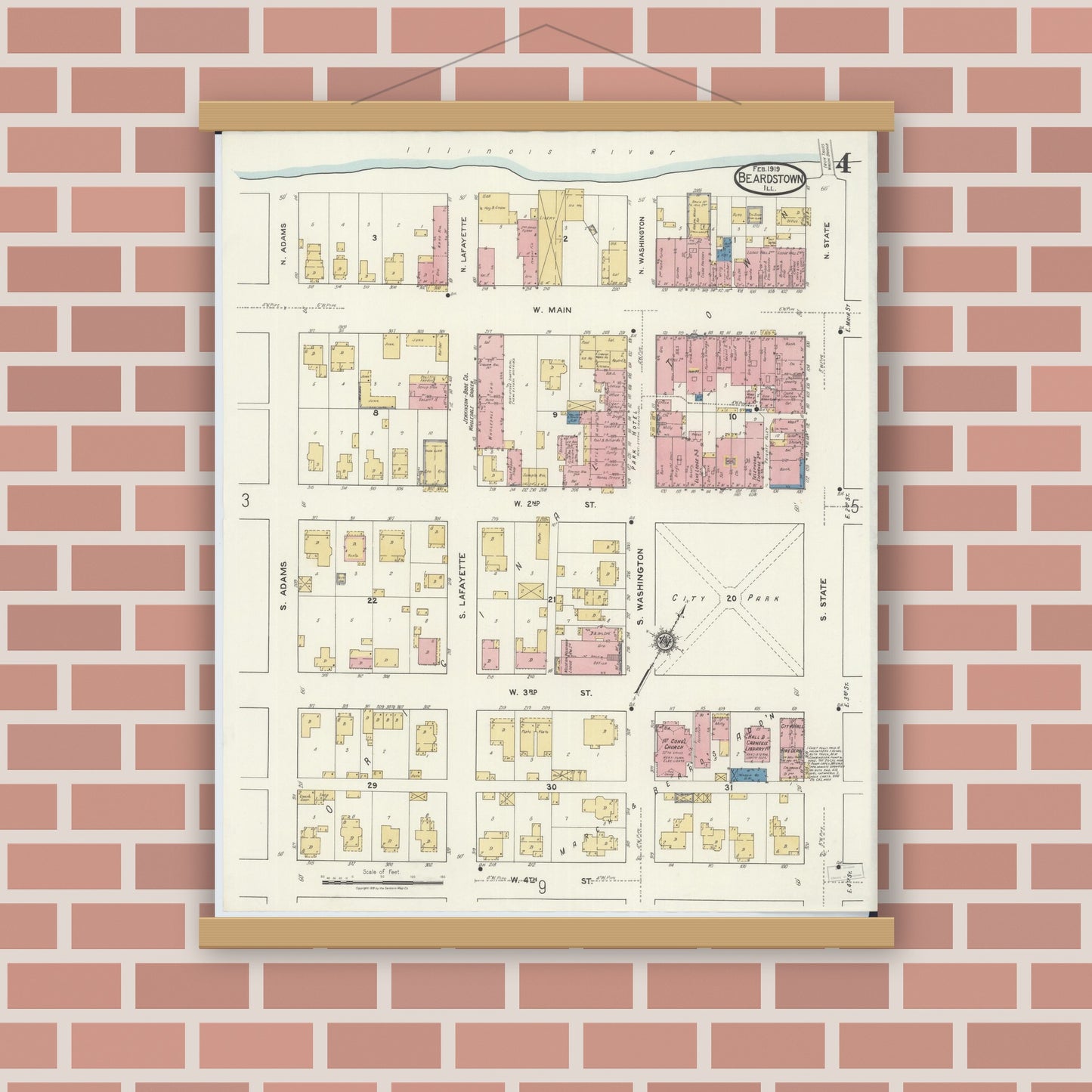 Old map wall art mockup — magnetic wood frame on brick wall — Sanborn Fire Insurance Map from Beardstown, Cass County, Illinois (1919), Sheet #0004