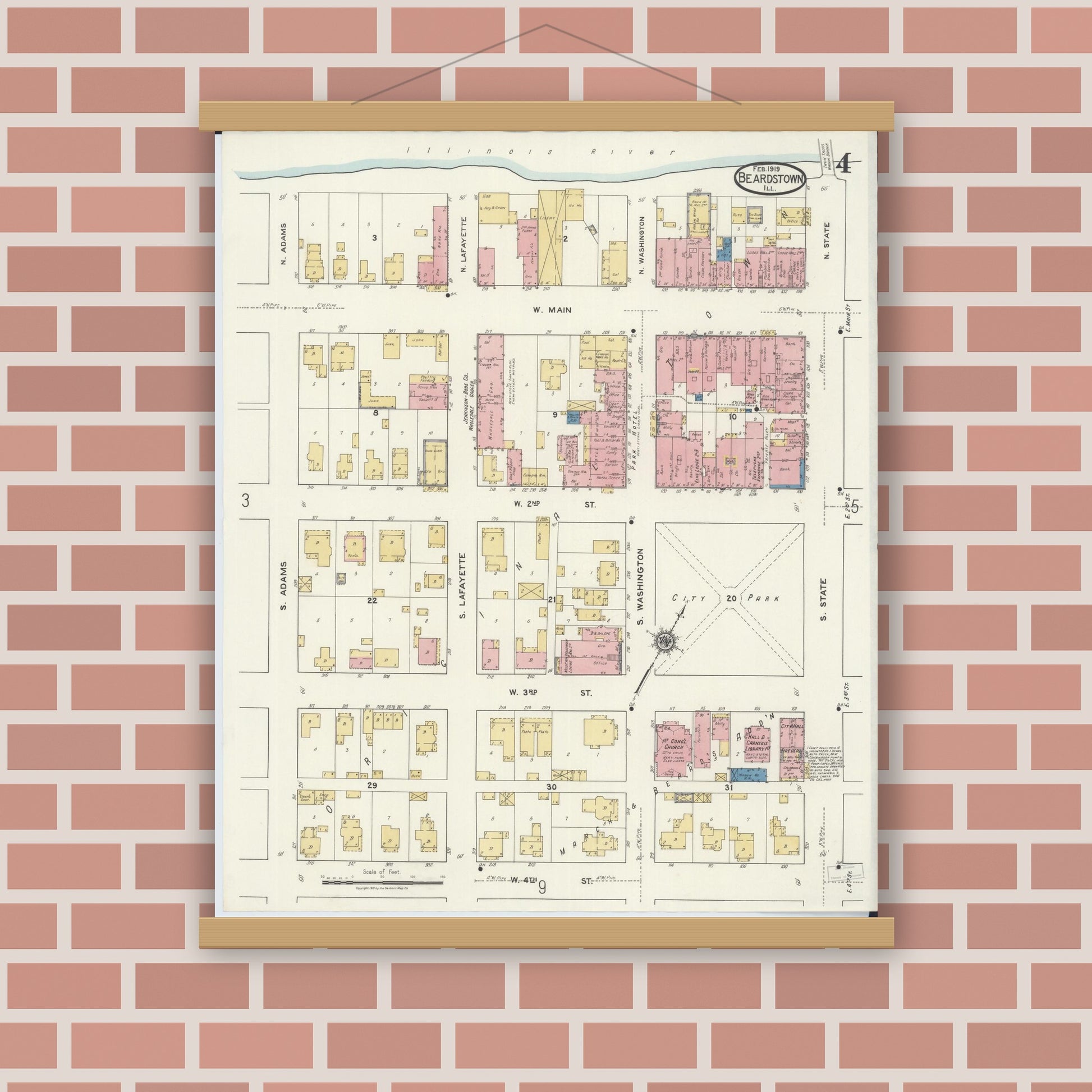 Old map wall art mockup — magnetic wood frame on brick wall — Sanborn Fire Insurance Map from Beardstown, Cass County, Illinois (1919), Sheet #0004
