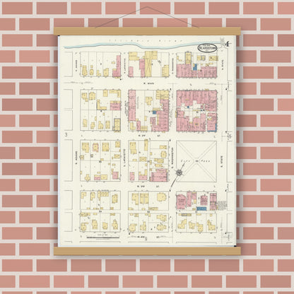 Old map wall art mockup — magnetic wood frame on brick wall — Sanborn Fire Insurance Map from Beardstown, Cass County, Illinois (1919), Sheet #0004