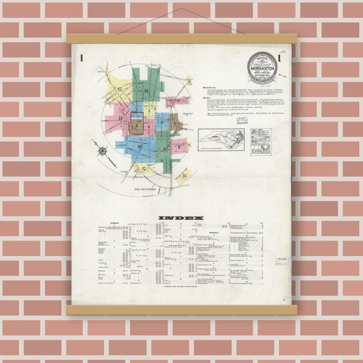 Old map wall art mockup — magnetic wood frame on brick wall — Sanborn Fire Insurance Map from Morganton, Burke County, North Carolina (1924) - Complete Map Set