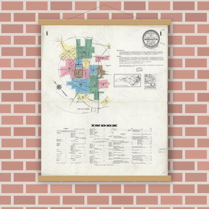 Old map wall art mockup — magnetic wood frame on brick wall — Sanborn Fire Insurance Map from Morganton, Burke County, North Carolina (1924) - Complete Map Set