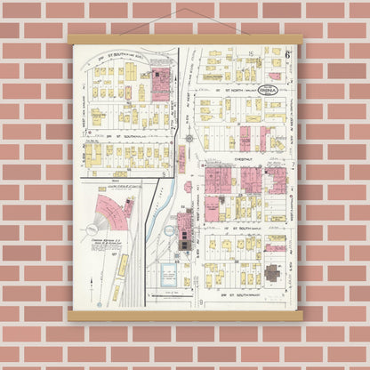 Old map wall art mockup — magnetic wood frame on brick wall — Sanborn Fire Insurance Map from Virginia, Saint Louis County, Minnesota (1921), Sheet #0006