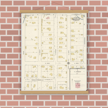 Old map wall art mockup — magnetic wood frame on brick wall — Sanborn Fire Insurance Map from Monticello, Piatt County, Illinois (1915), Sheet #0007