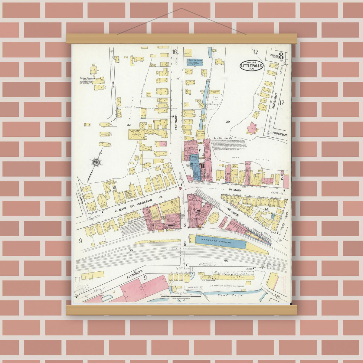 Old map wall art mockup — magnetic wood frame on brick wall — Sanborn Fire Insurance Map from Little Falls, Herkimer County, New York (1918), Sheet #0008