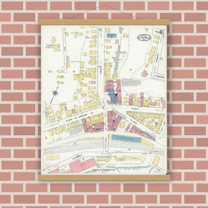 Old map wall art mockup — magnetic wood frame on brick wall — Sanborn Fire Insurance Map from Little Falls, Herkimer County, New York (1918), Sheet #0008