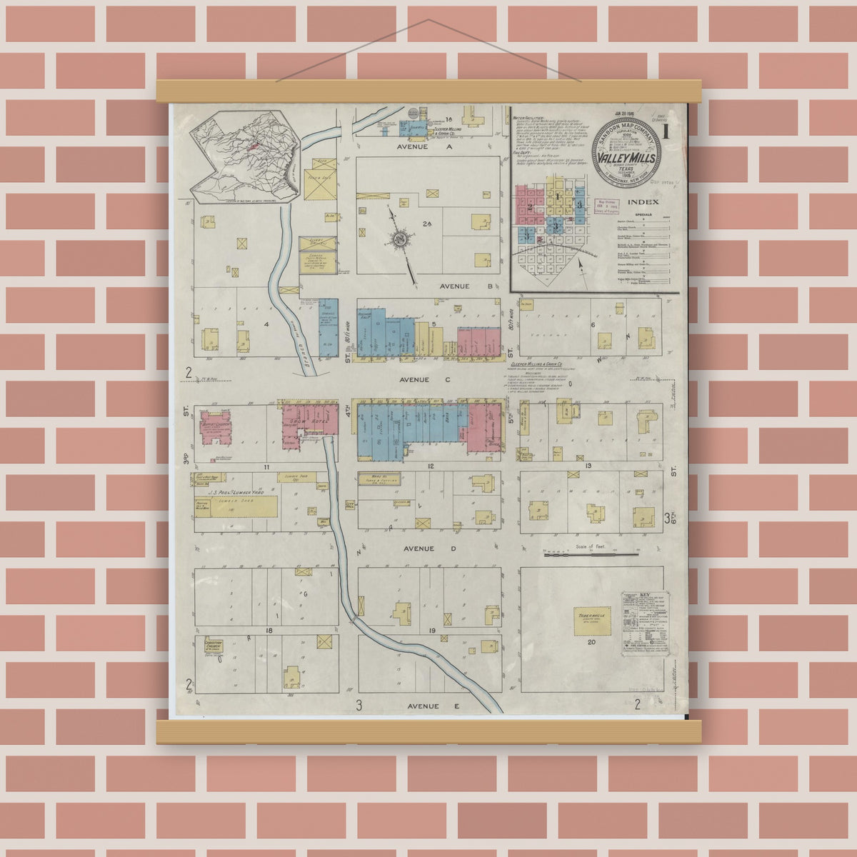 Old map wall art mockup — magnetic wood frame on brick wall — Sanborn Fire Insurance Map from Valley Mills, Bosque County, Texas (1915) - Complete Map Set