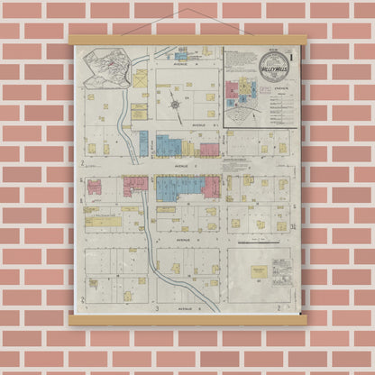 Old map wall art mockup — magnetic wood frame on brick wall — Sanborn Fire Insurance Map from Valley Mills, Bosque County, Texas (1915) - Complete Map Set