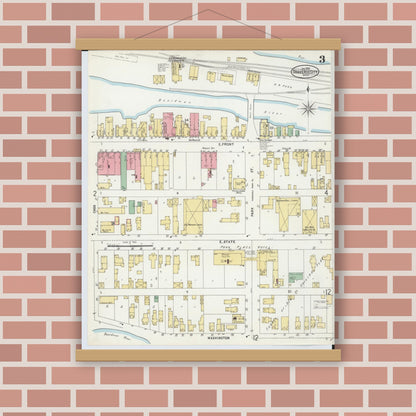 Old map wall art mockup — magnetic wood frame on brick wall — Sanborn Fire Insurance Map from Traverse City, Grand Traverse County, Michigan (1899), Sheet #0003