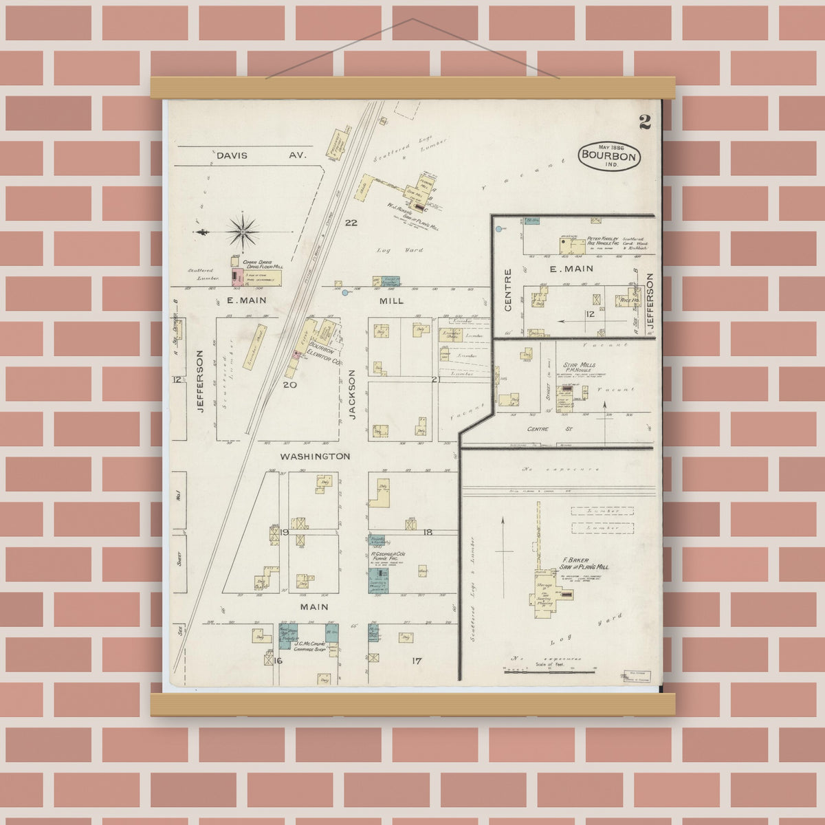 Old map wall art mockup — magnetic wood frame on brick wall — Sanborn Fire Insurance Map from Bourbon, Marshall County, Indiana (1886), Sheet #0002