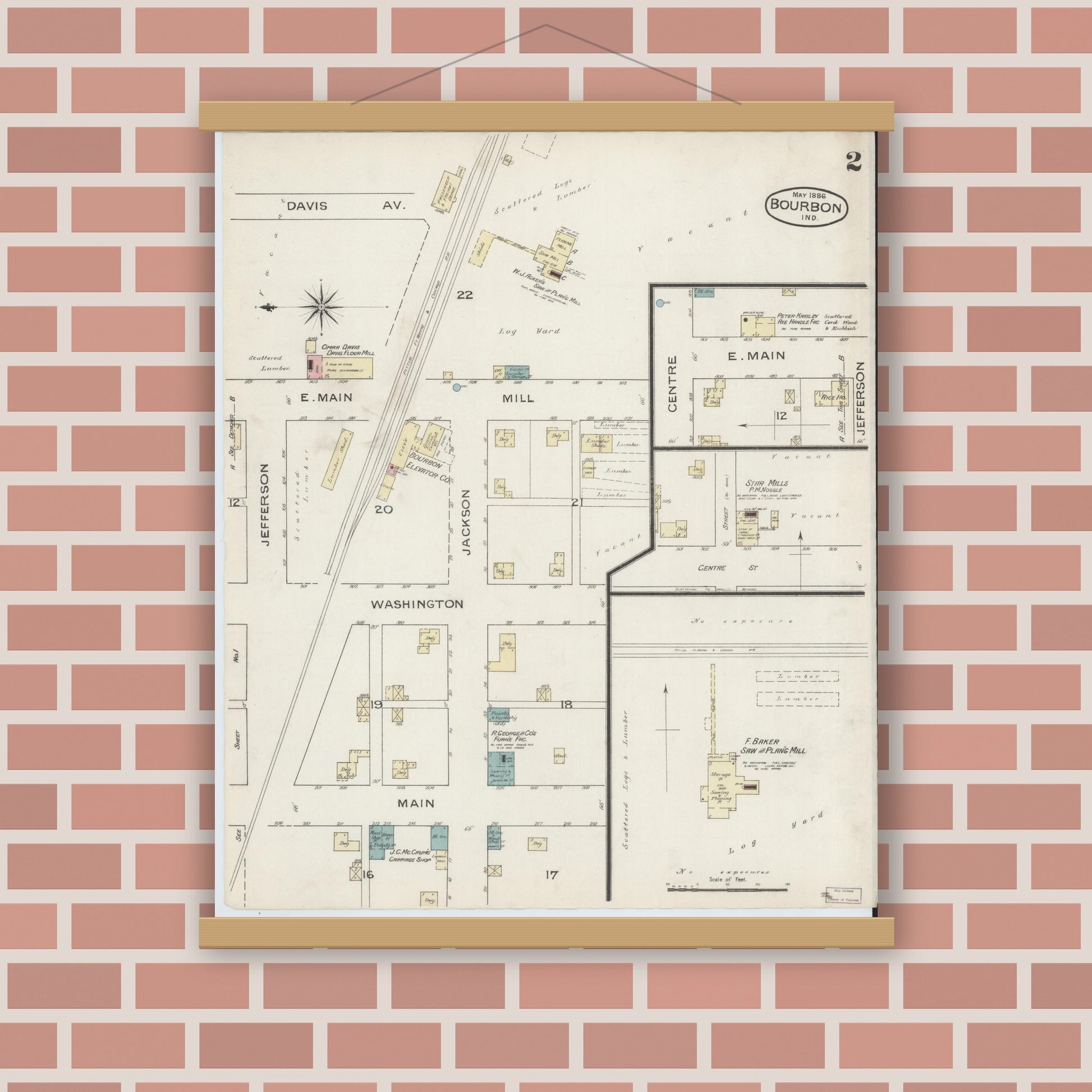 Old map wall art mockup — magnetic wood frame on brick wall — Sanborn Fire Insurance Map from Bourbon, Marshall County, Indiana (1886), Sheet #0002