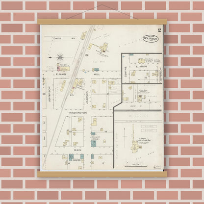 Old map wall art mockup — magnetic wood frame on brick wall — Sanborn Fire Insurance Map from Bourbon, Marshall County, Indiana (1886), Sheet #0002