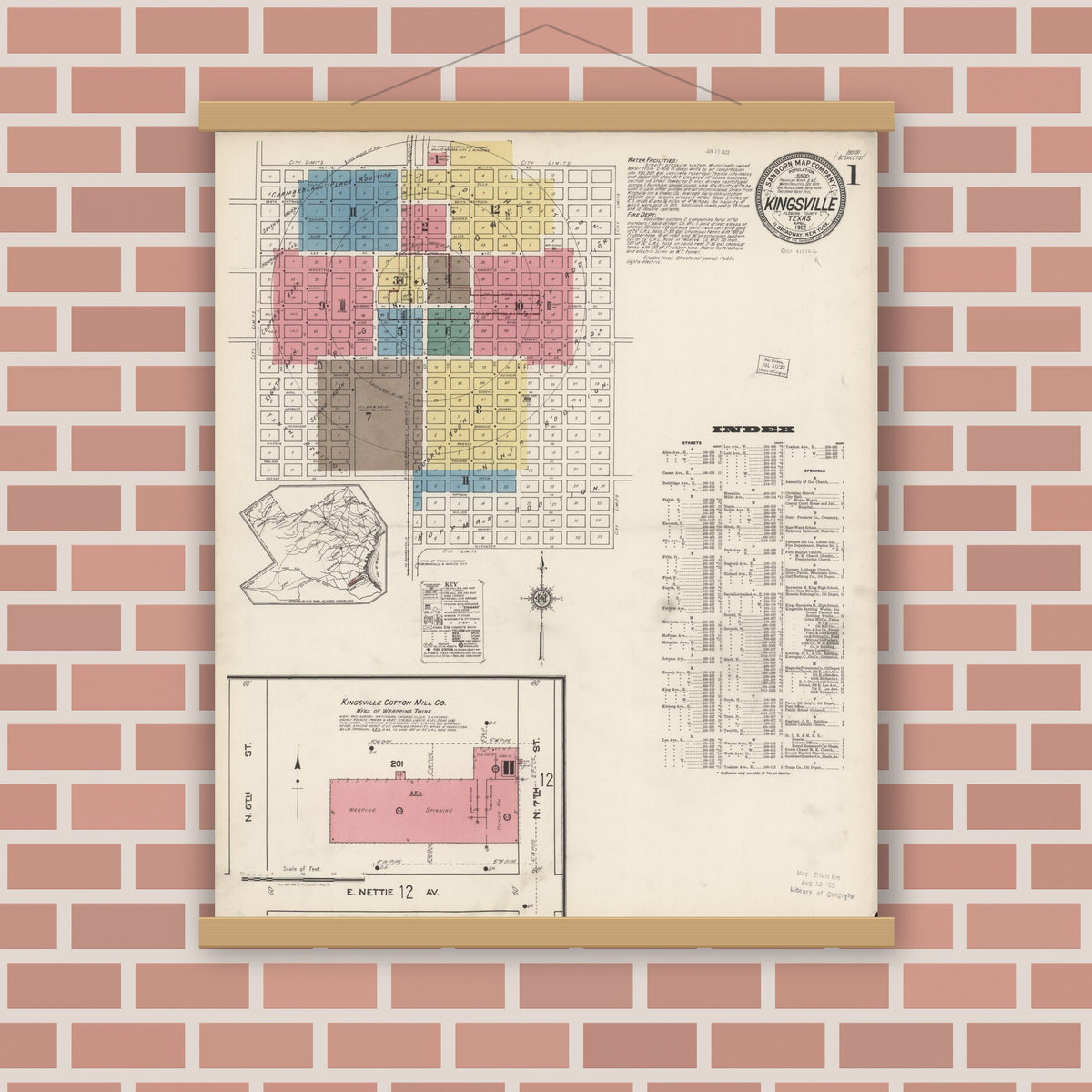 Old map wall art mockup — magnetic wood frame on brick wall — Sanborn Fire Insurance Map from Kingsville, Kleberg County, Texas (1922), Sheet #0001