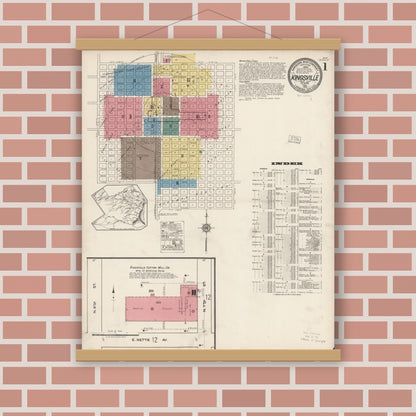 Old map wall art mockup — magnetic wood frame on brick wall — Sanborn Fire Insurance Map from Kingsville, Kleberg County, Texas (1922), Sheet #0001