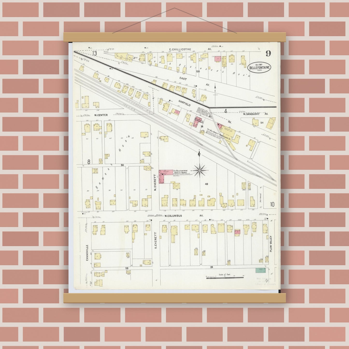 Old map wall art mockup — magnetic wood frame on brick wall — Sanborn Fire Insurance Map from Bellefontaine, Logan County, Ohio (1907), Sheet #0009
