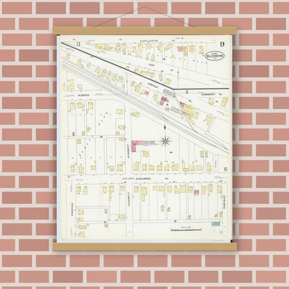 Old map wall art mockup — magnetic wood frame on brick wall — Sanborn Fire Insurance Map from Bellefontaine, Logan County, Ohio (1907), Sheet #0009